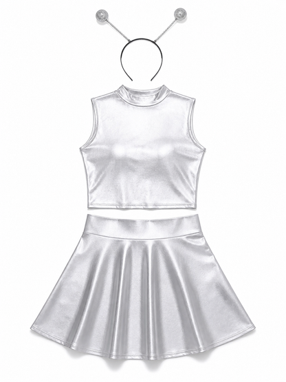 Silver stage costume: top, skirt, and headband