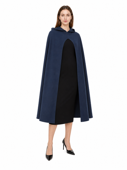 Halloween Costume Women Medieval Hooded Cape, Dark Blue Long with Front Clasp