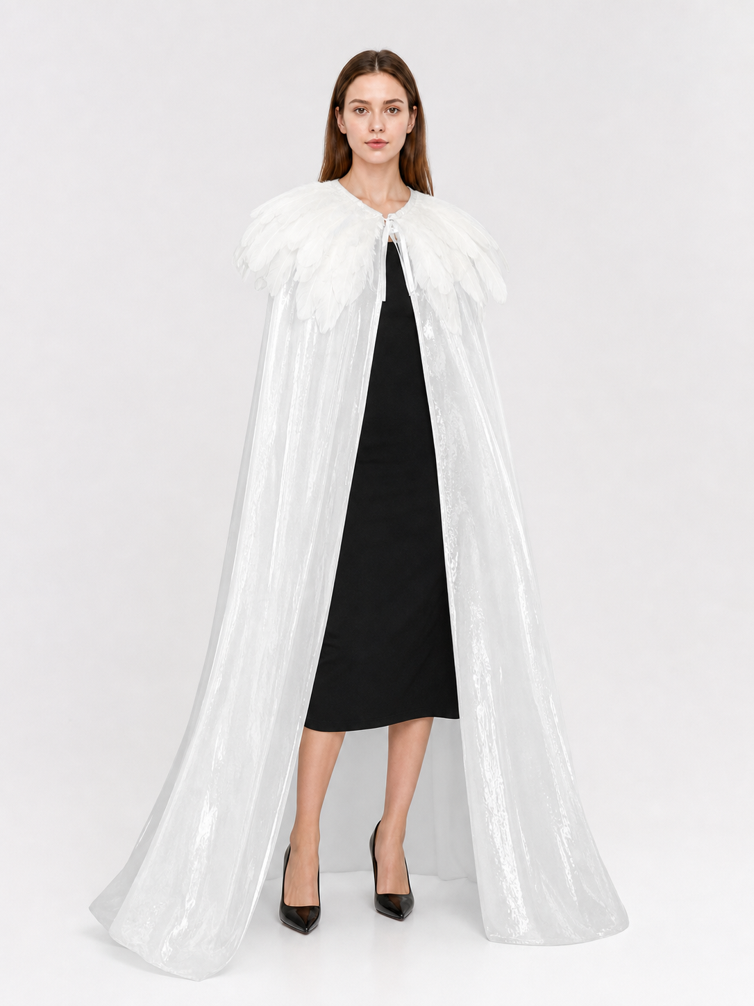 White Velvet Cape with Feather Trim, Maxi