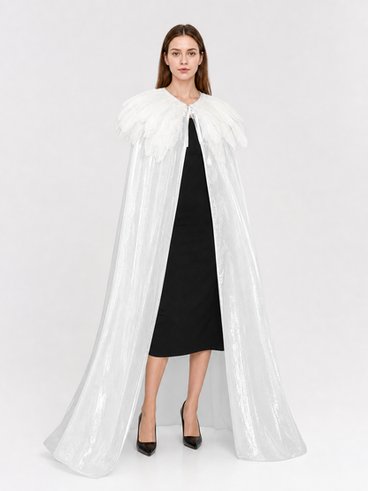 White Velvet Cape with Feather Trim, Maxi