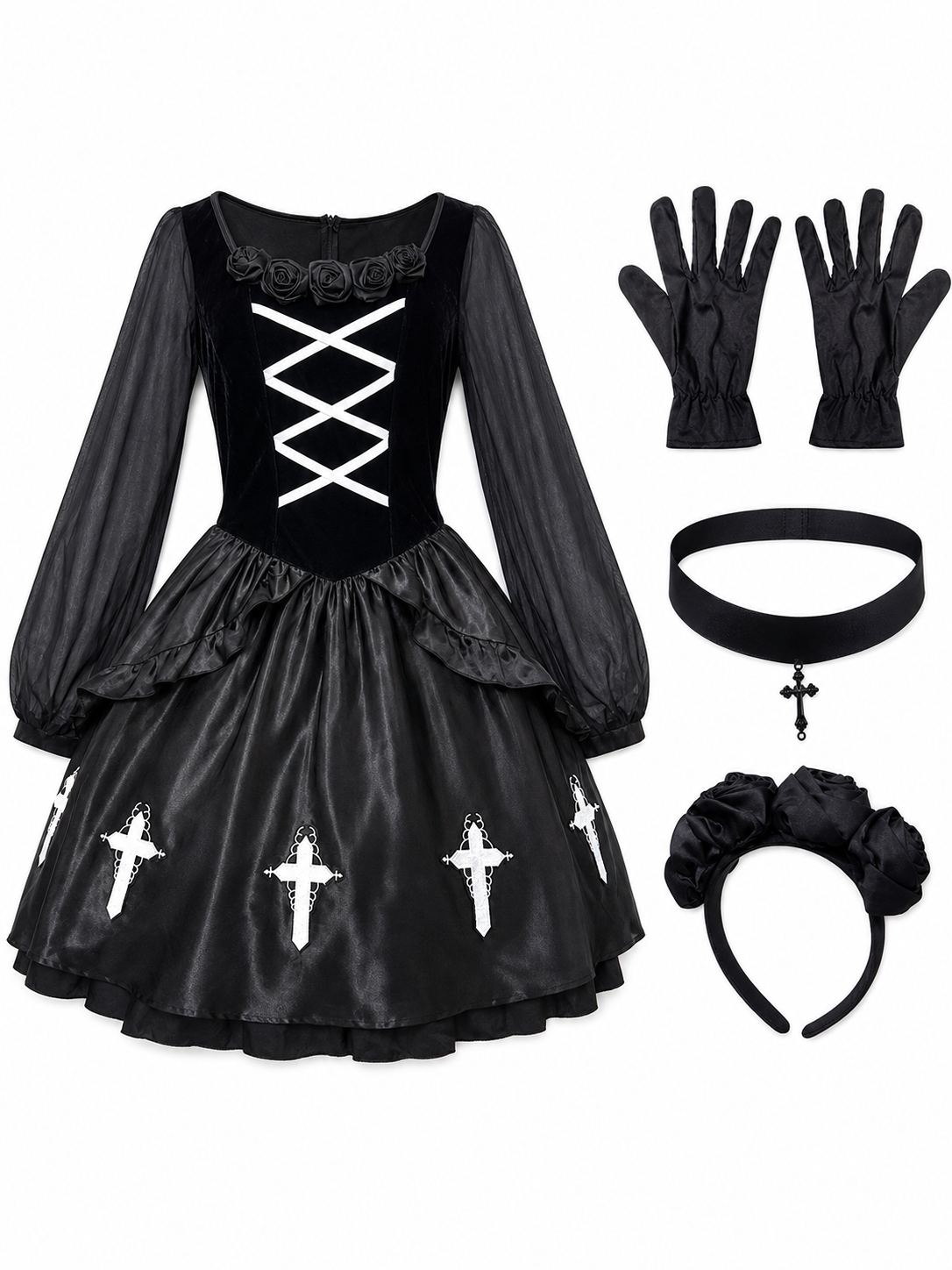 Gothic Dress with Gloves, Collar, and Headband