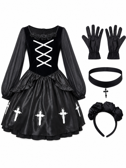 Gothic Dress with Gloves, Collar, and Headband