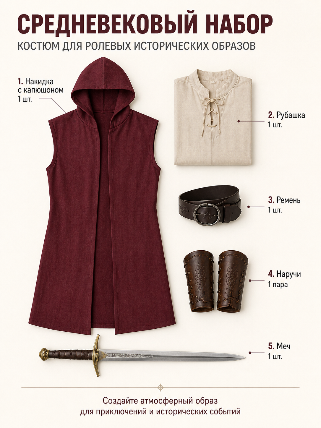 Adult Medieval Fantasy Hooded Cape, Wine Red Sleeveless Long Split-Hem Cloak included items 2