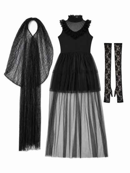 Gothic costume dress with veil and gloves
