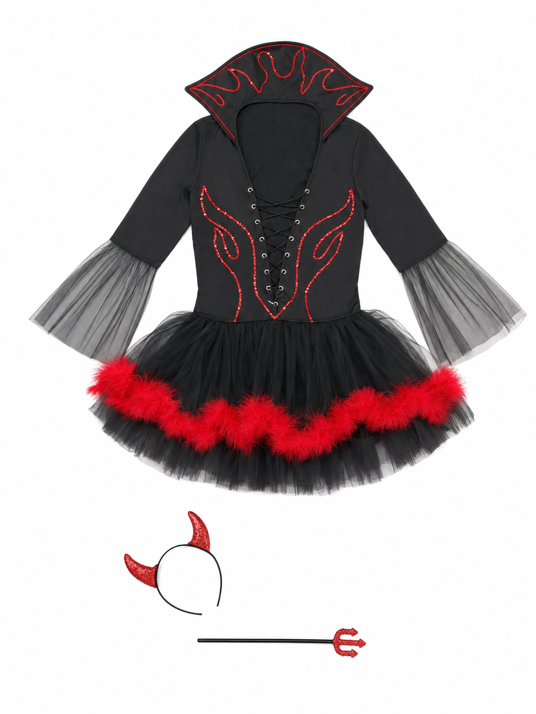 The Halloween costume is designed in a black-and-red color scheme and combines included items