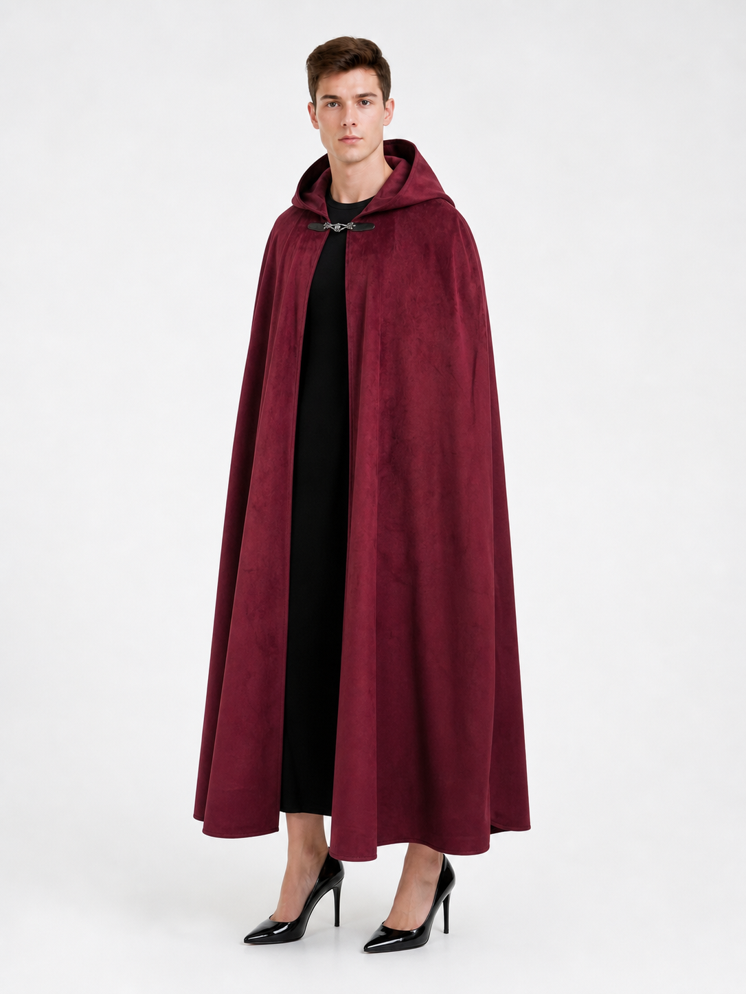 Long burgundy carnival cloak with hood