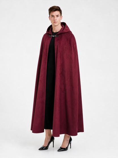 Long burgundy carnival cloak with hood