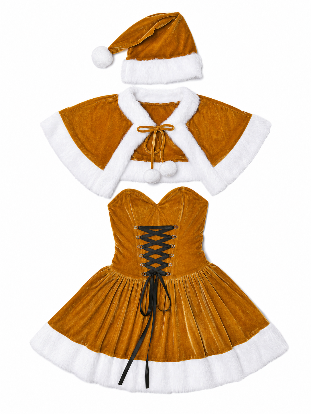 Christmas costume: dress, cape, and hat