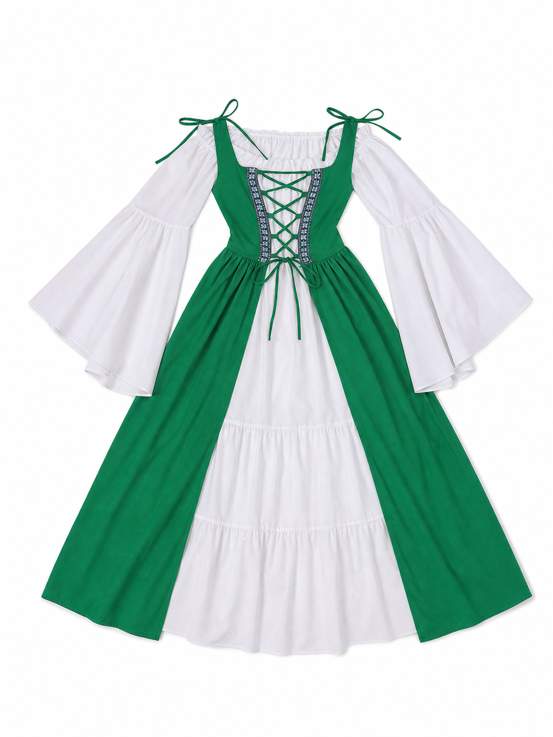 Green-and-White Medieval-Style Dress with Lacing