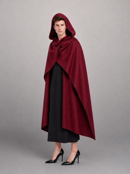 Medieval Hooded Cloak Wine Red Cape with Overlapping Front and Irregular Draped Hem for Cosplay, Theme Parties, Stage Performances and Fantasy Photography