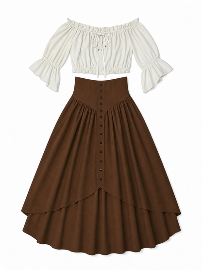 Brown Medieval-Style Dress with Ruffles
