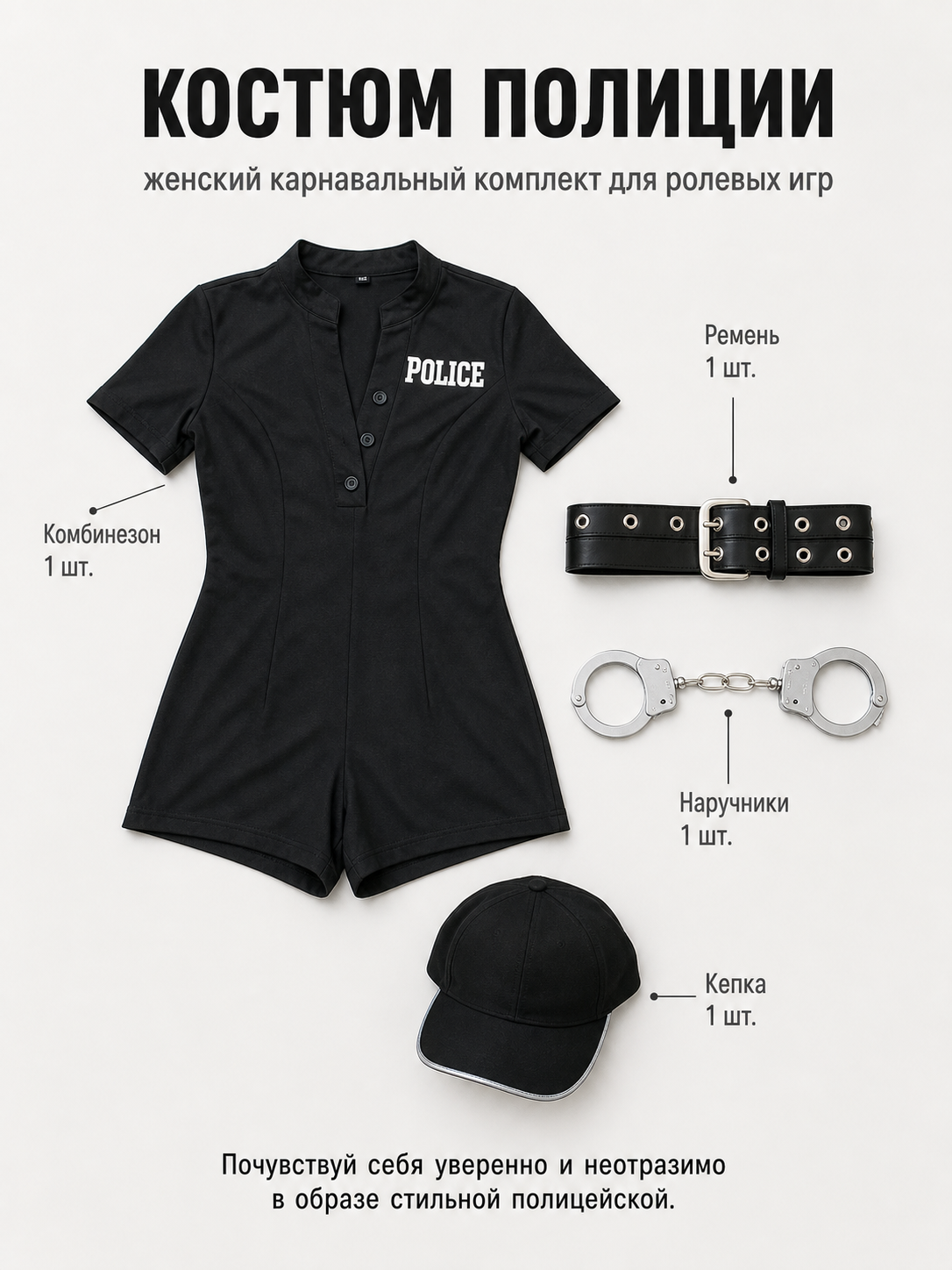 Black police costume with "police" lettering and belt included items