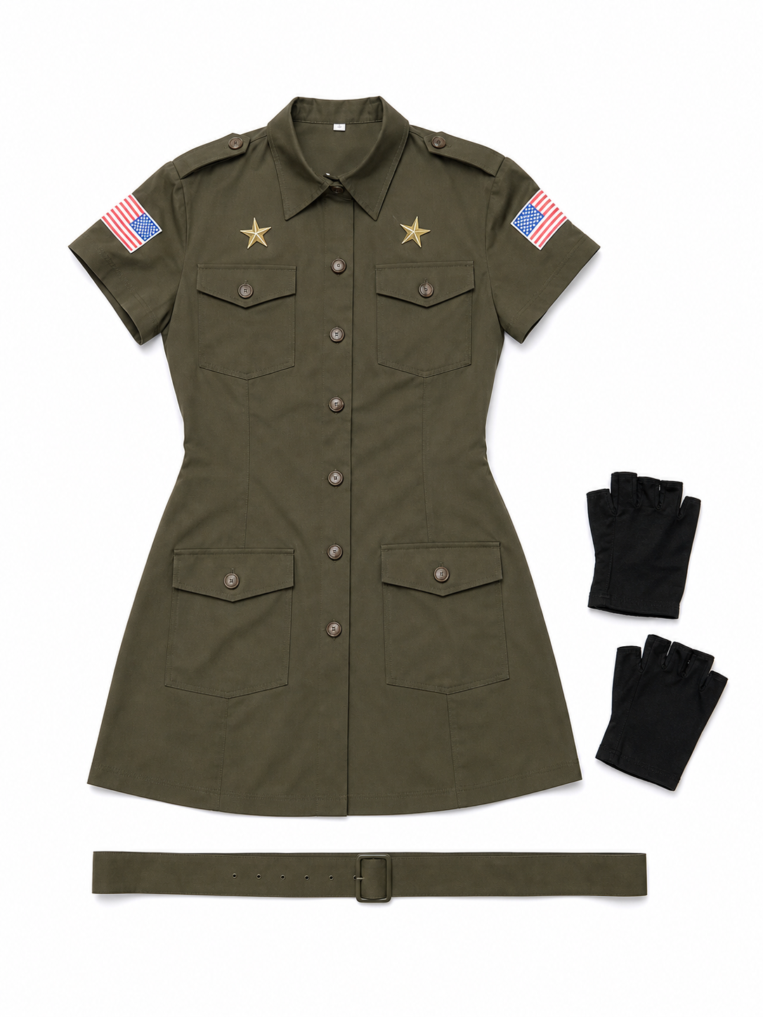 Military-style costume dress with belt and gloves