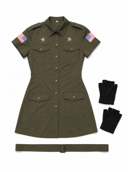 Military-style costume dress with belt and gloves