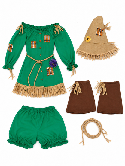 Scarecrow Costume with Hat, Dress, Pants, and Fringe