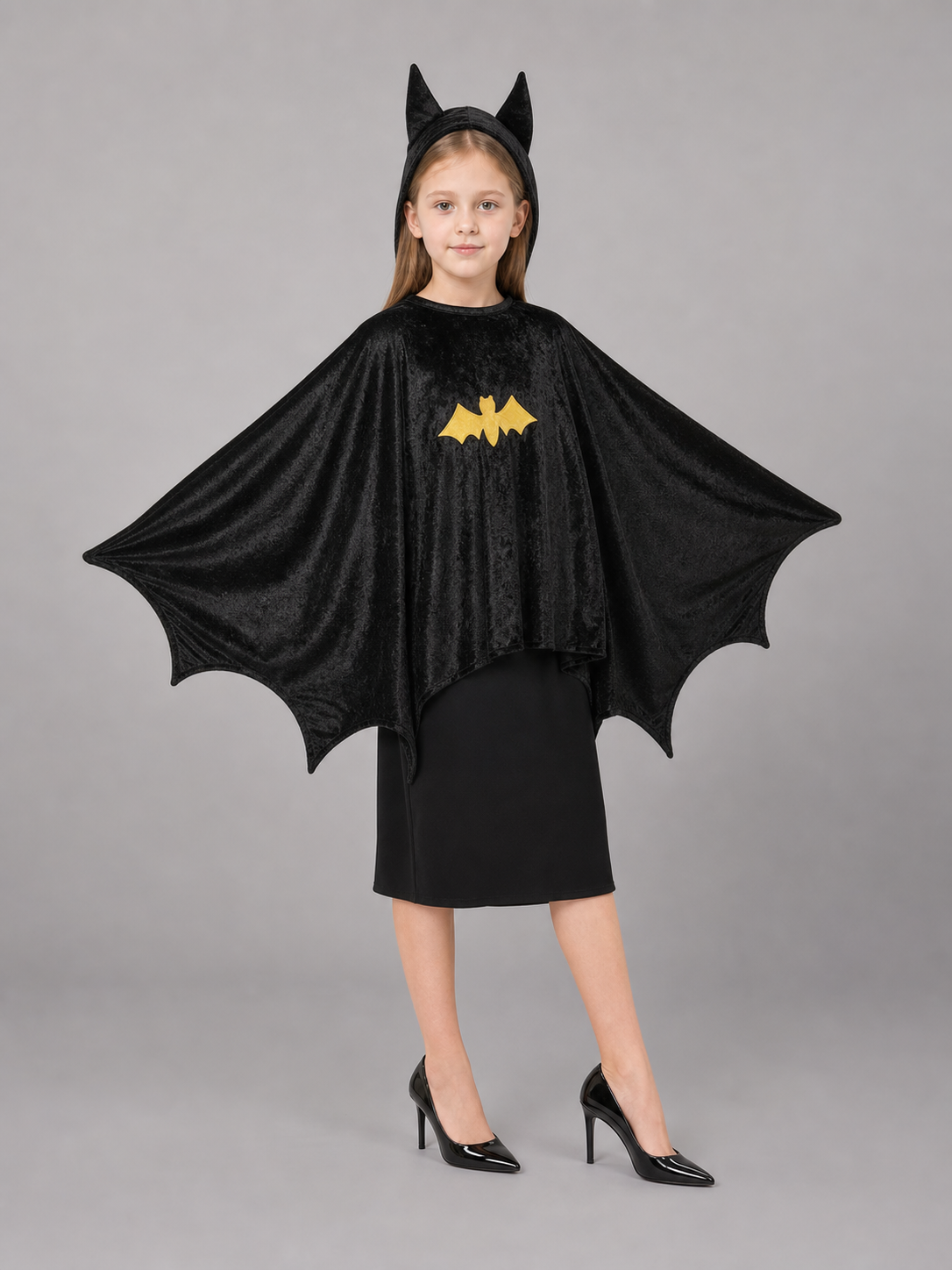 Black costume cape with hood and wings