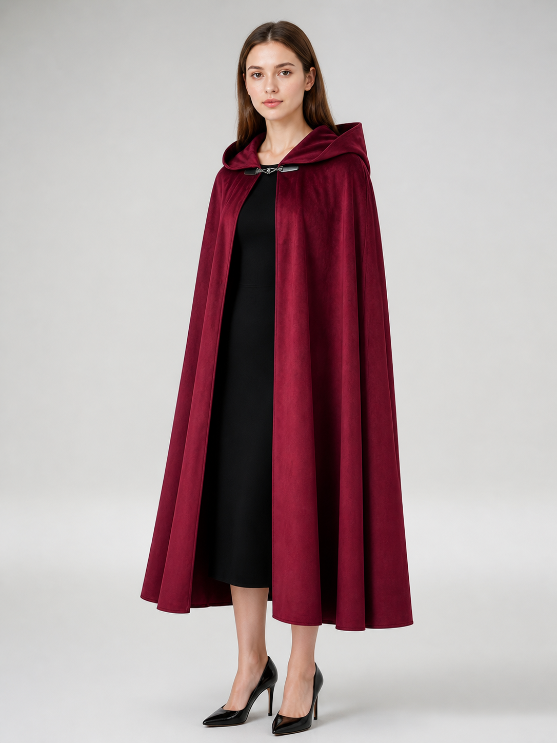 Long burgundy carnival cloak with hood
