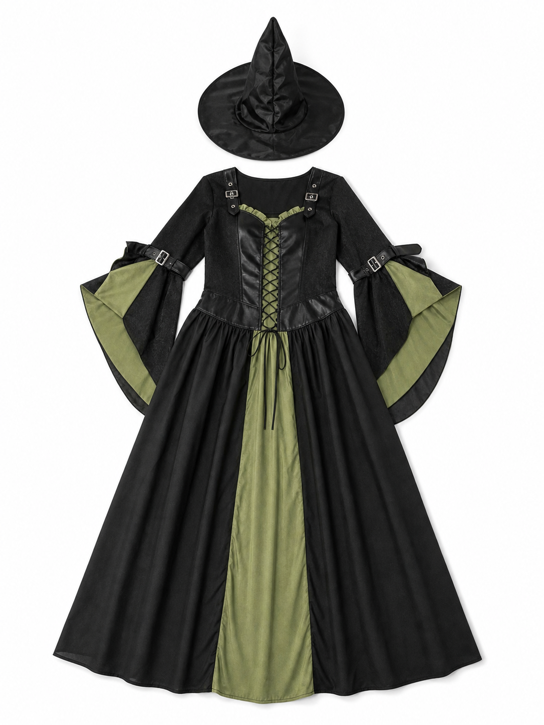 Long Witch-Style Dress with Sleeves and Lace-Up Detail