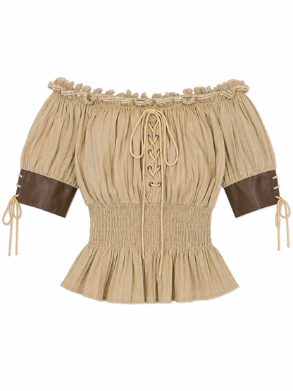 Vintage-Style Peasant Blouse with Lacing and Lace
