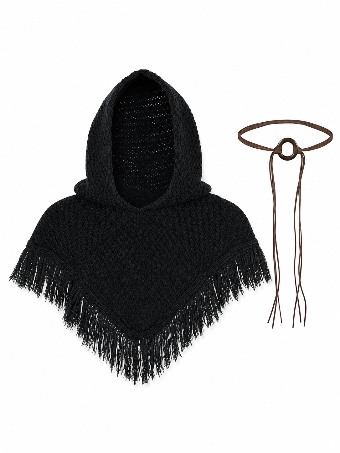 Triangular Hooded Poncho Cape with Belt
