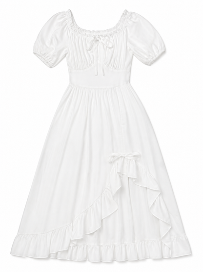 White Midi Dress with a Corset-Style Bodice and Ruffles