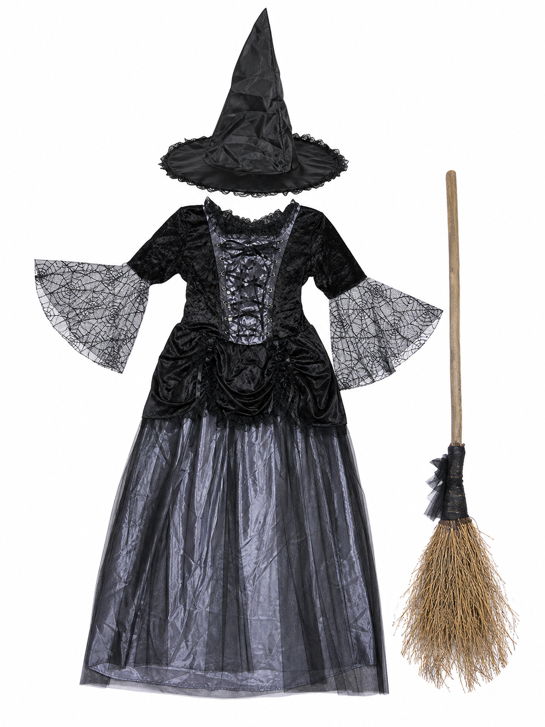 Gothic-style witch costume dress with hat for themed events. The design is mainly black and dark gray, with patterned textured fabric and sheer black accents. The look is centered on a long dress with a fitted lace-up corset, a ruffled neck