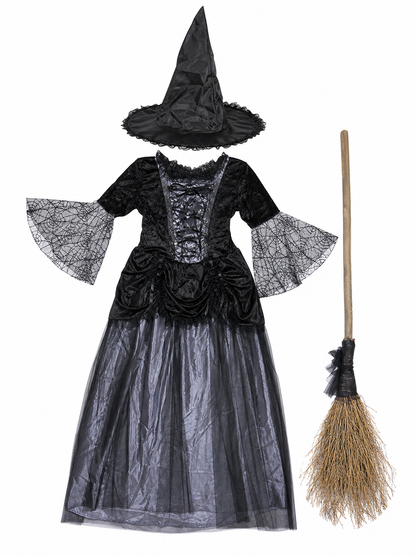 Gothic-style witch costume dress with hat for themed events. The design is mainly black and dark gray, with patterned textured fabric and sheer black accents. The look is centered on a long dress with a fitted lace-up corset, a ruffled neck