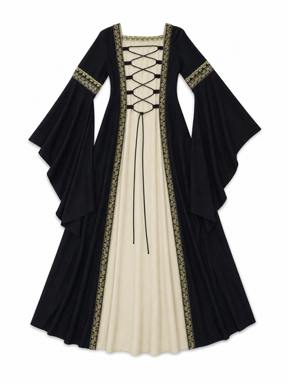 Medieval-style dress with flared sleeves, lacing, and decorative trim. The design is made in black with a cream-colored center panel and golden floral elements along the edges and on the cuffs. The open front layer frames the light-colored 