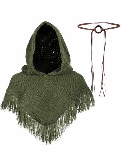 Triangular Hooded Poncho Cape with Belt