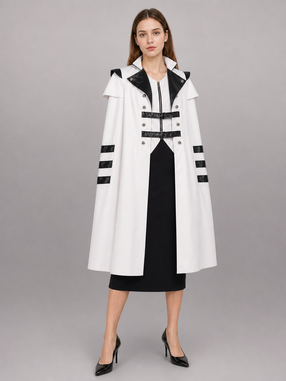 White carnival cape with black lapels