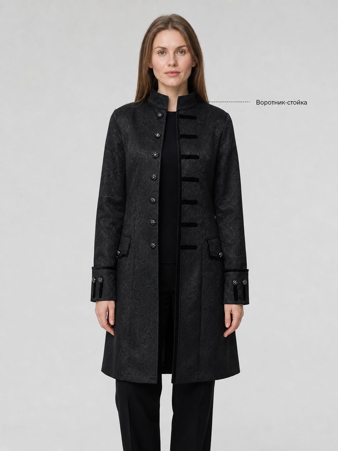 Long Black Jacquard Coat with Stand Collar