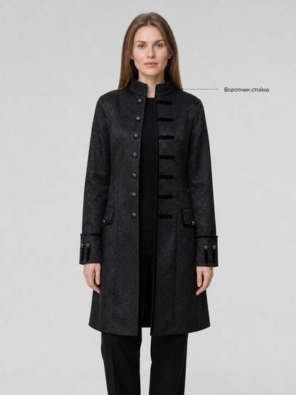 Long Black Jacquard Coat with Stand Collar