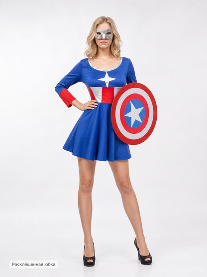 Comic-style superhero costume with mask and shield