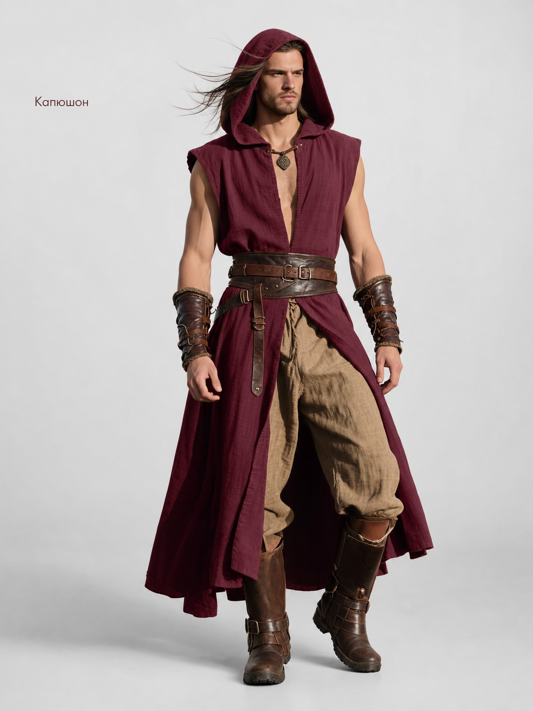 Medieval Hooded Cloak, Wine Red