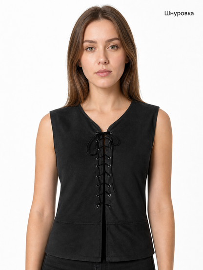 Black Long Lace-Up Vest with V-Neck
