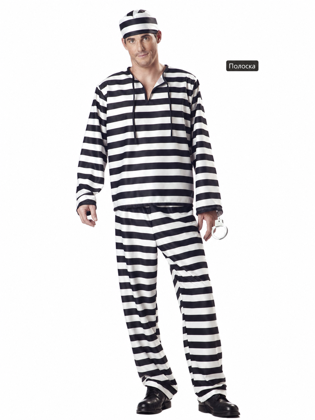Striped prisoner costume with cap and handcuffs