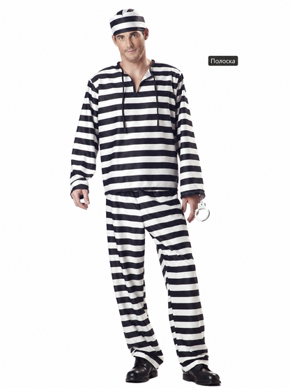 Striped prisoner costume with cap and handcuffs
