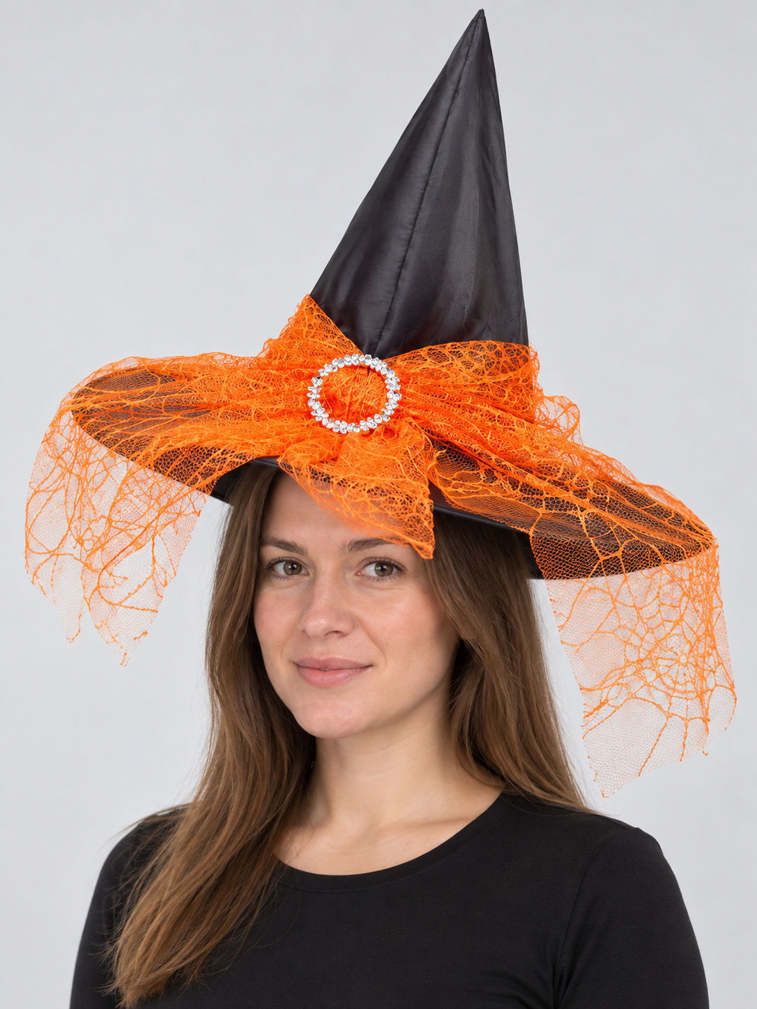 Witch Hat with Mesh Bow and Rhinestones, Black and Orange