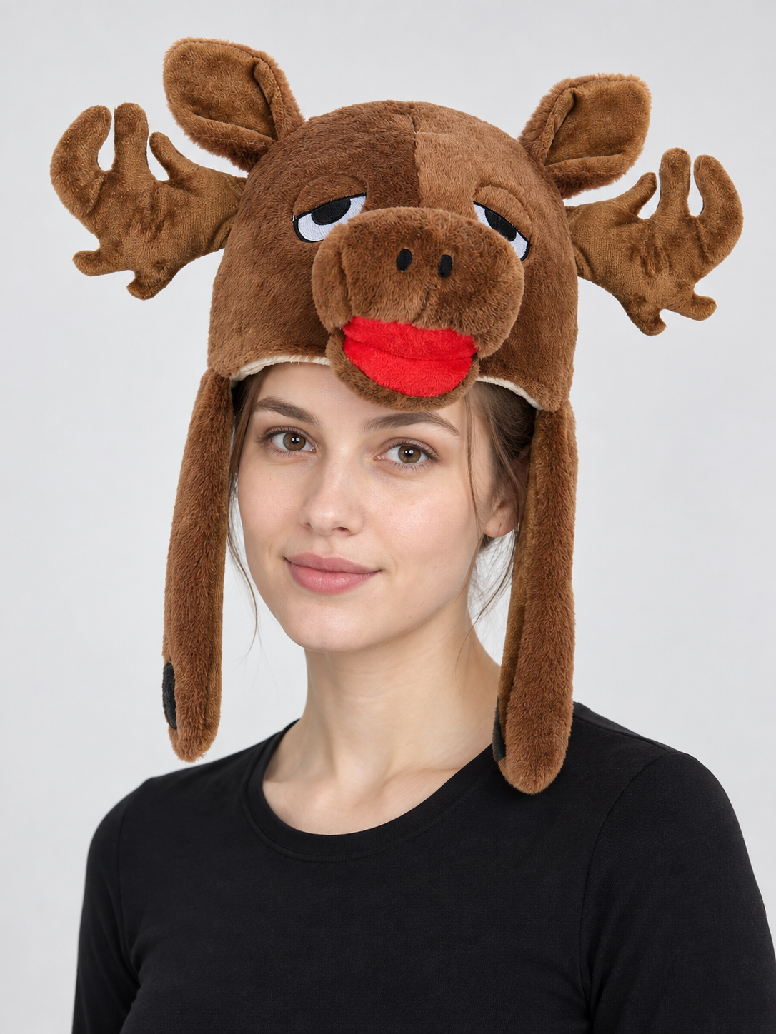 Plush Moose Hat with Antlers and a Three-Dimensional Snout