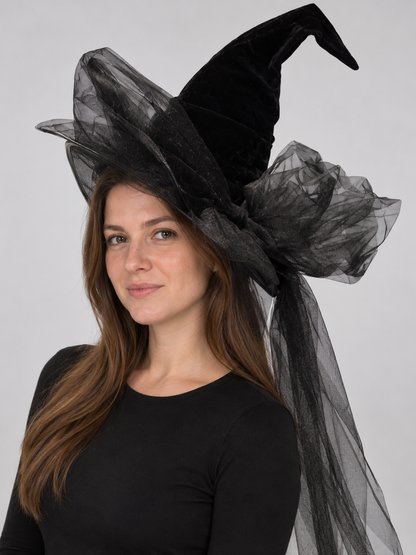 Black Pointed Witch Hat with Bow and Tulle Veil