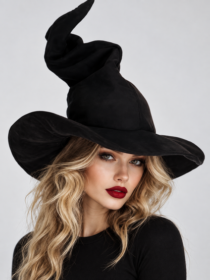 Black Witch Hat with a Wide Brim and Curled Tip Costume Headwear detail 2