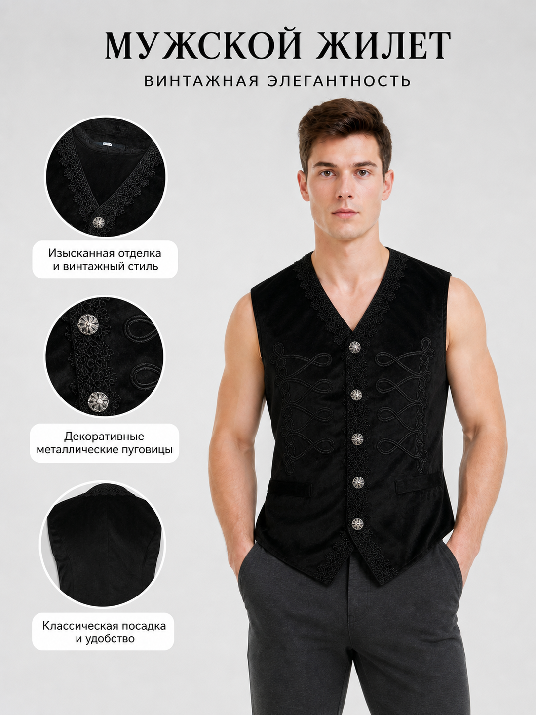 Decorative Embroidered Vest, Black, Vintage