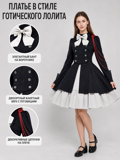 Gothic Dress with Double Rows of Buttons and a Bow