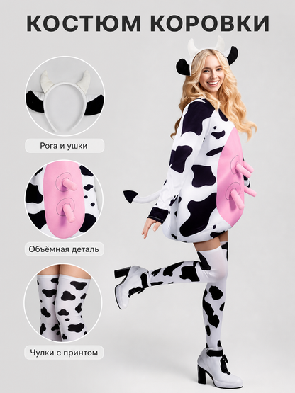 Adult Cow Costume with Headband, Tail, and Leg Warmers