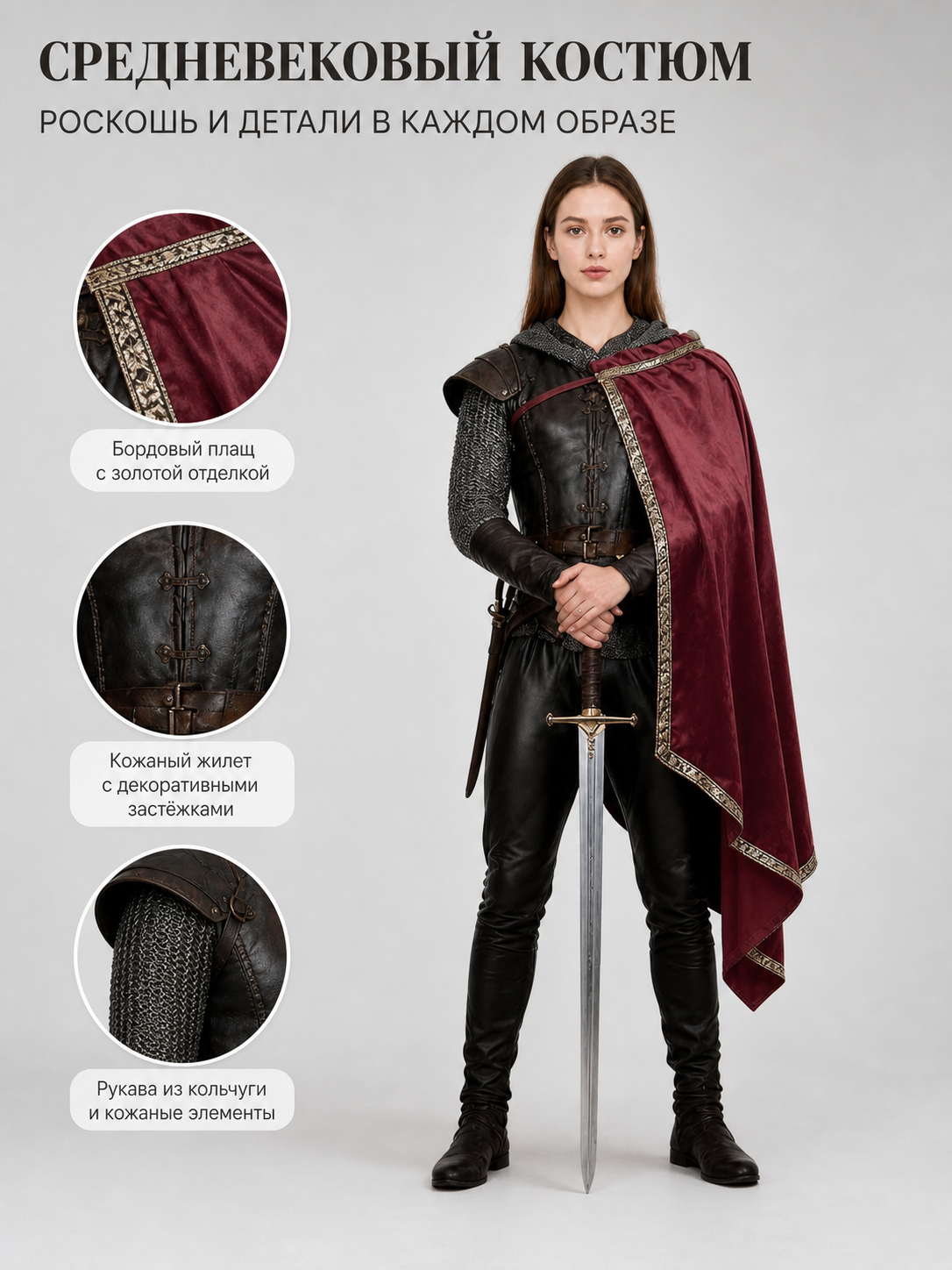 Information card showing a female model in a burgundy cape and close-ups of the trim, dark vest, and textured sleeve