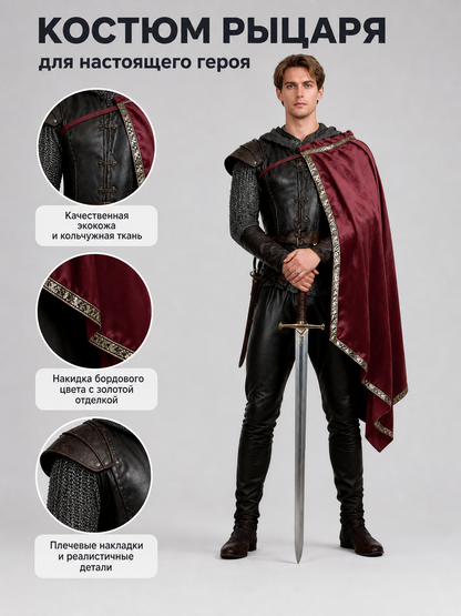 Information card showing a male model in a burgundy cape and close-ups of the trim, dark vest, and shoulder armor