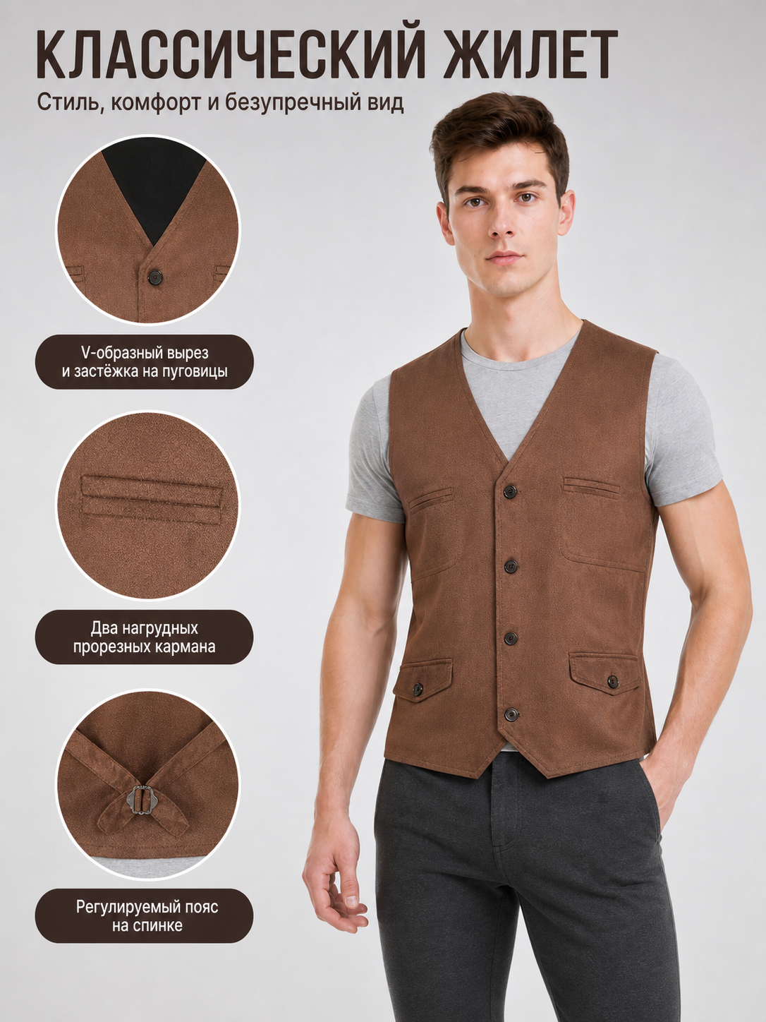 Brown vest with buttons, pockets, and lacing