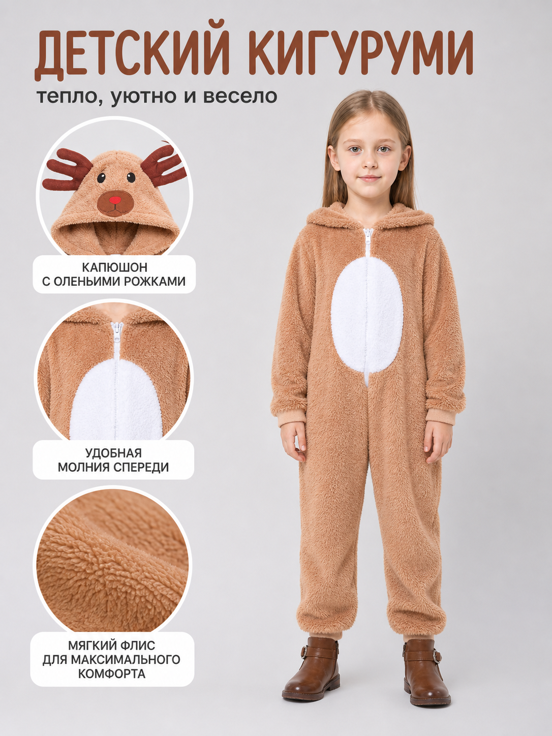 Reindeer costume with hood and zipper
