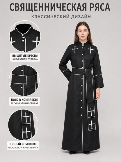 The model is designed in black and styled as a costume for cosplay, Halloween, and masquerades. It is a black cassock with a front featuring white buttons, a stand-up collar, and long sleeves. White crosses are placed on the garment: one is