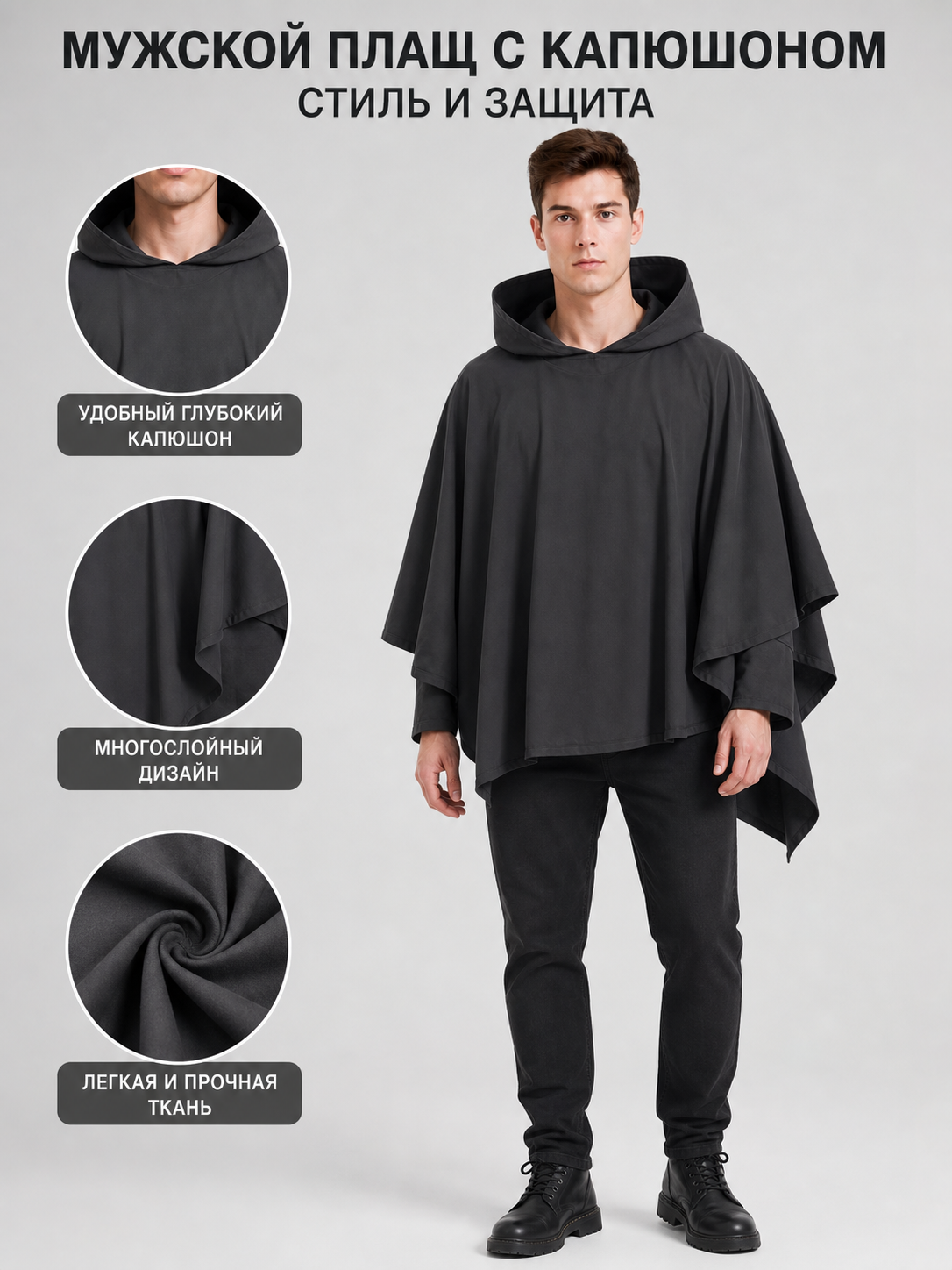 Information card about a dark gray hooded poncho, showing the hood, layered cape panels, and fabric detail